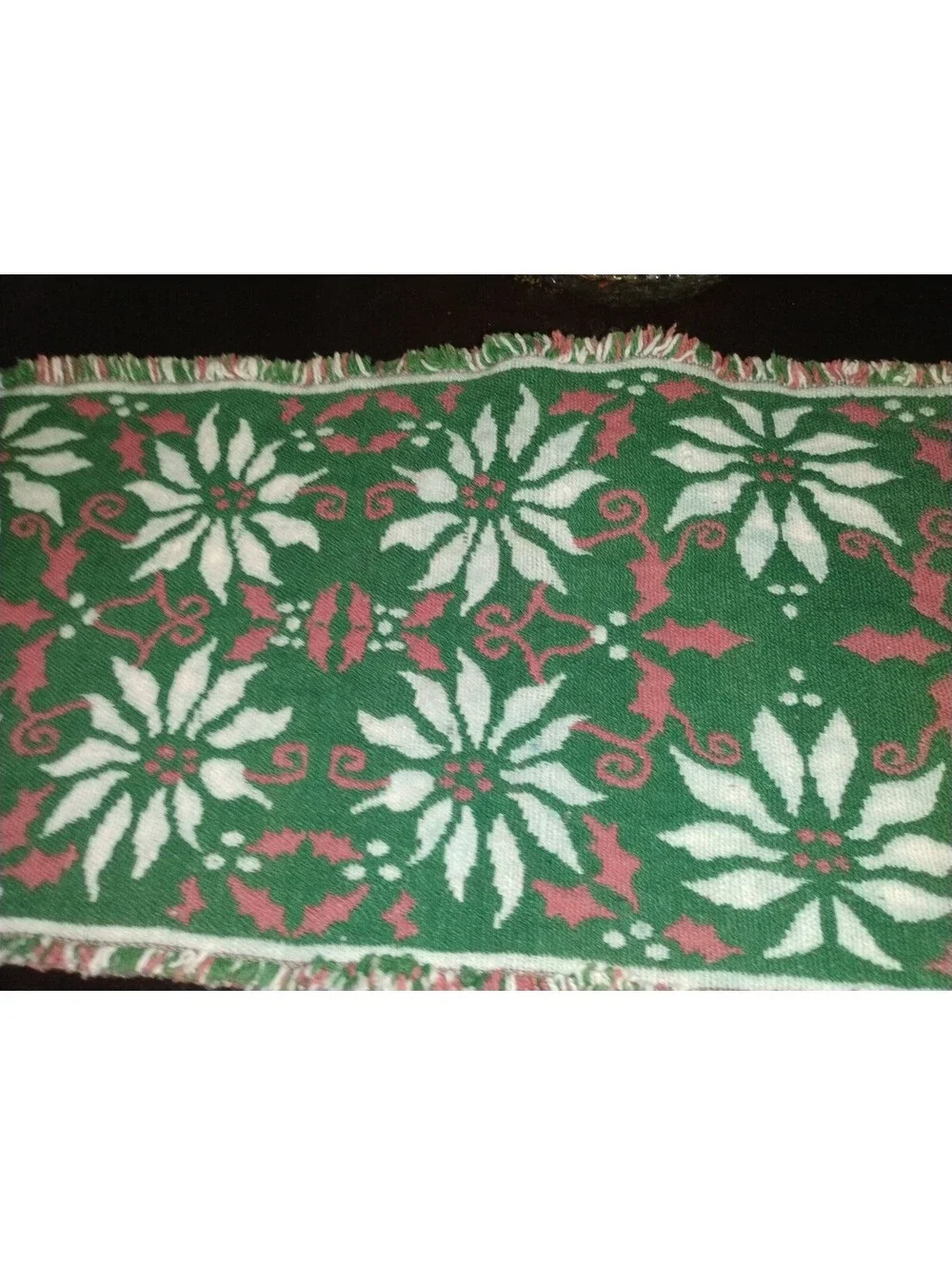 Vintage Christmas Poinsettia Reversible Woven Table Runner / Holiday Decor